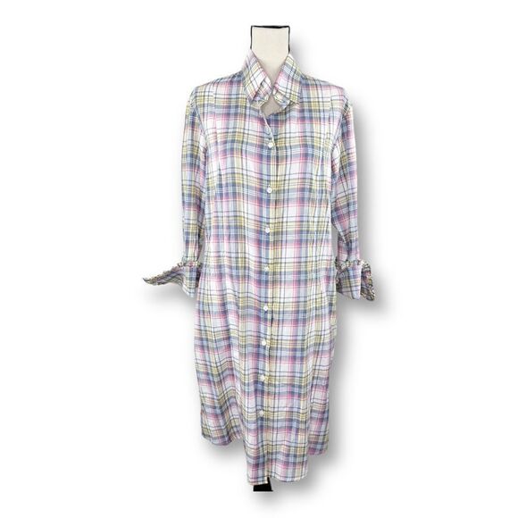 Bell by Alicia Bell Cotton Summer Plaid Shirtdress w/Ruffle Fold-over Cuffs 14 - Picture 1 of 13
